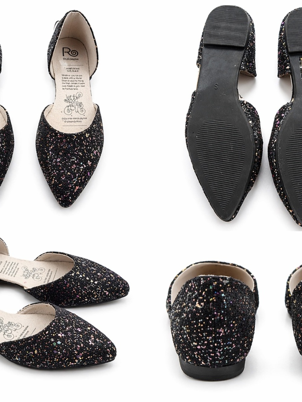 Rollasole Glitter D’Orsay Flats Womens Size Small 5.5-6 Black Sparkle Shoes - Picture 5 of 5